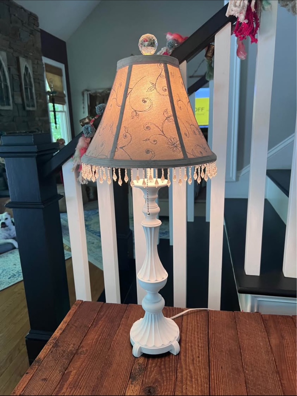 Elegant White Table Lamp with Beige Floral Shade and Beaded Trim
